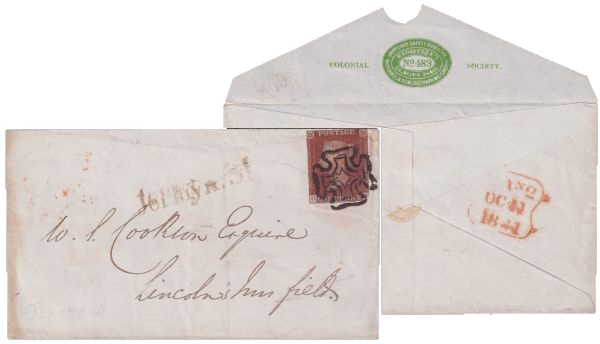 Improved security envelope with Penny Red (1841, SG: 7), plate 12, posted in October 1841