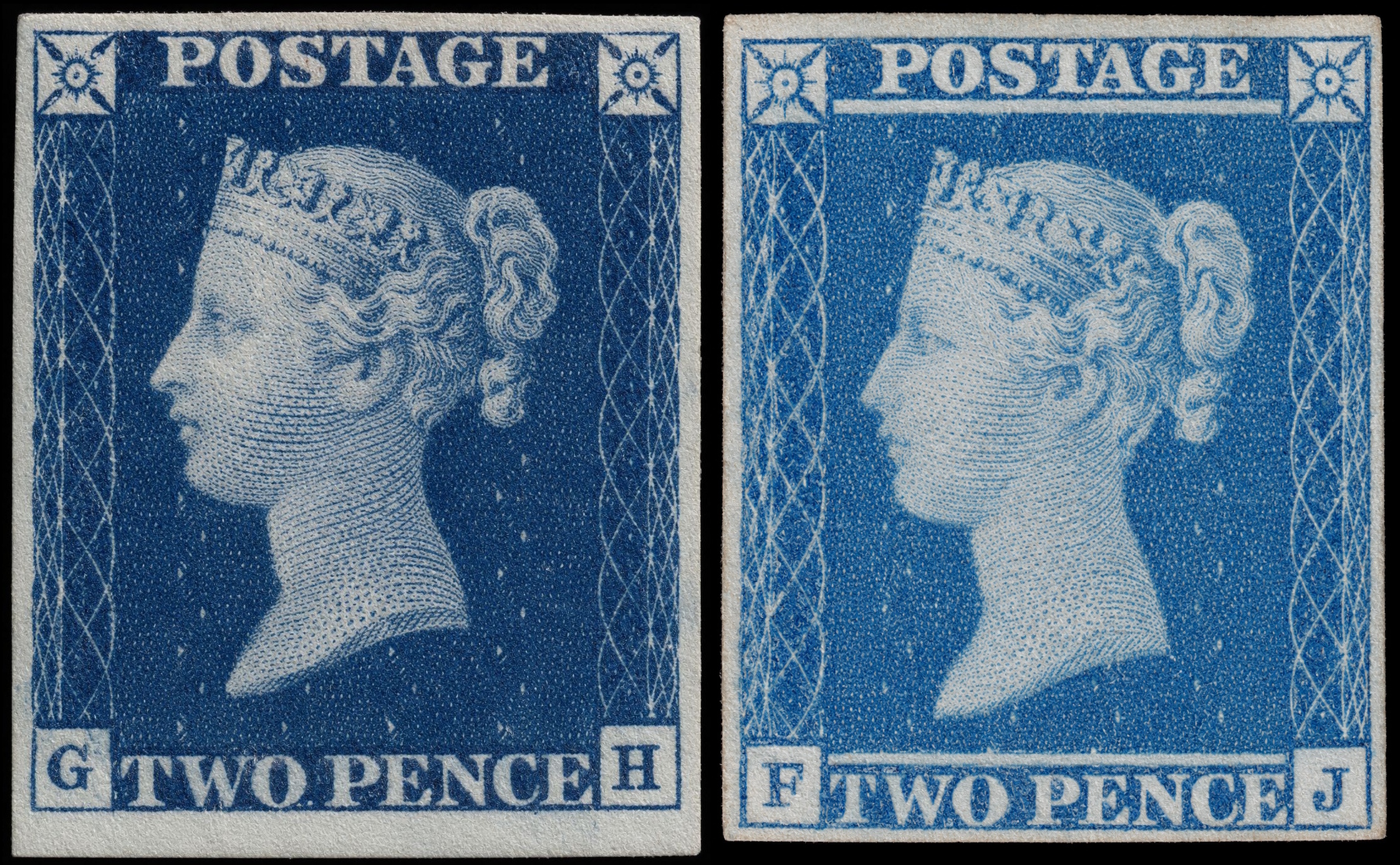 Two Pence Blue stamps from 1840 and 1841