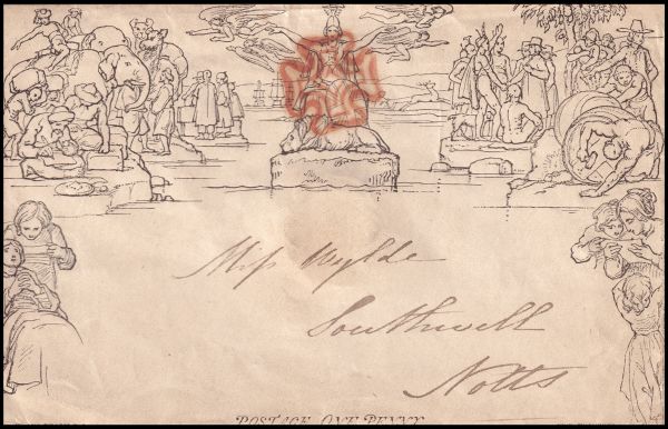 Mulready envelope,  One Penny Black, cancelled by red Maltese Cross