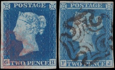 Two Pence Blue stamps from 1840 and 1841