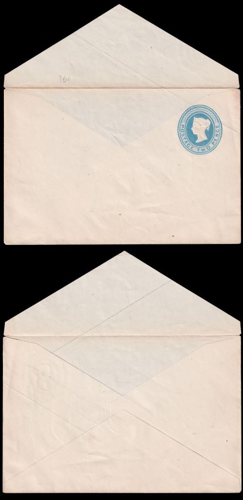 Example of folded and gummed Two Pence Blue envelope, issued after 1845