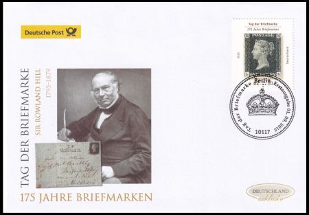Penny Black on postage stamp of Germany 2015, Sir Rowland Hill depicted on the cachet of the FDC.