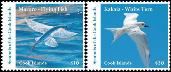 Flying fish and a bird on stamp of Cook Islands 2023