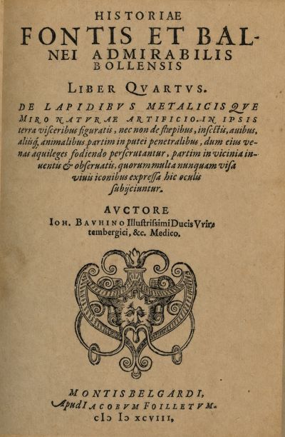 Title page of the fourth volume of Historia novi et admirabilis fontis balneique Bollensis, published by Johann Bauhin in Latin in 1598