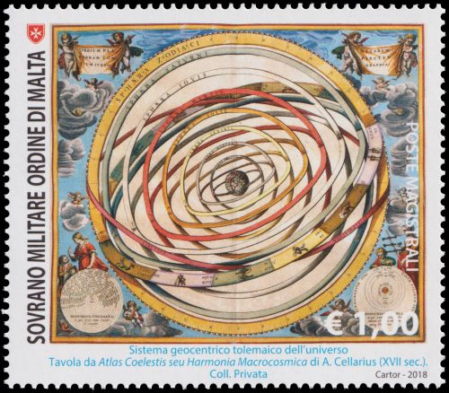 Orbits of the planets around the Earth on a stamp issued by the Sovereign Military Hospitaller Order of St John of Jerusalem of Rhodes and of Malta in 2018