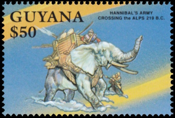 Hannibal's army crossing Alps on elephants on stamp of Guyana 1992