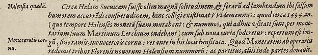 Latin text about unicorn's horn discover in Schwaebisch Hall in 1494
