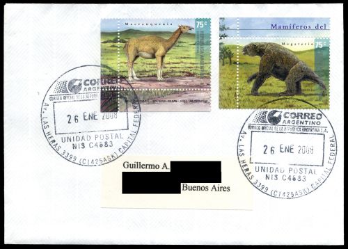 Megatherium's stamp from Argentina 2001 on a circulated cover posted in 2008