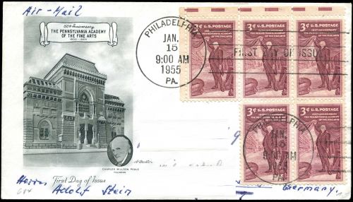 Charles Wilson Peale with mastodon bones in his museum on FDCs of USA from 1955