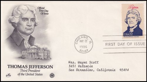 Thomas Jefferson on FDC of USA from 1986