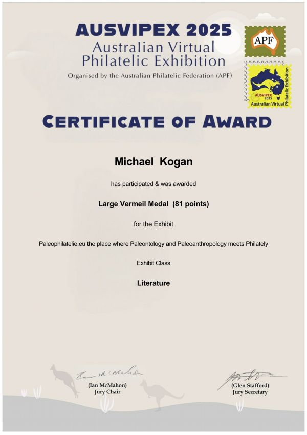 Certificate of Paleophilatelie website at AUSVIPEX 2025