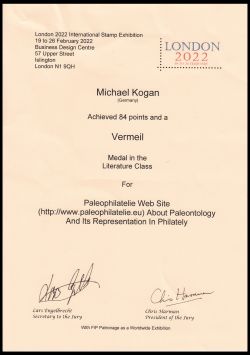 Certificate of Award of Paleophilatelie website at Worldwide exhibit patrona by FIP in London 2022