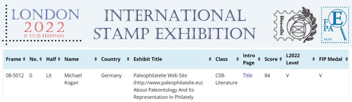 Medal of Award of Paleophilatelie website at Worldwide exhibit patrona by FIP in London 2022