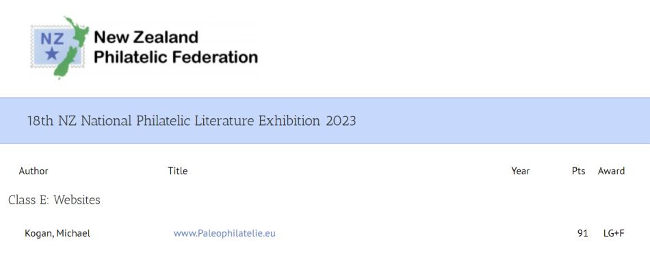 Printout of Paleophilatelie website at New Zealand National Philatelic Literature Exhibition 2023