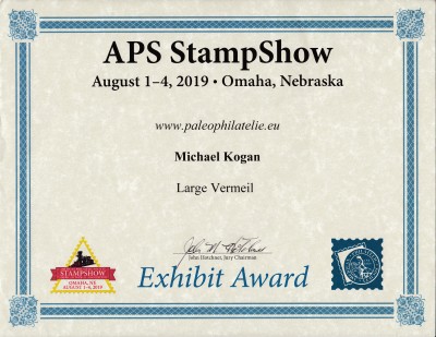 Certificate of Award of Paleophilatelie website at National Topical Stamp Show organized by 
			American Philatelic Society in cooperation with American Topical Association, Omaha Nebraska 2019