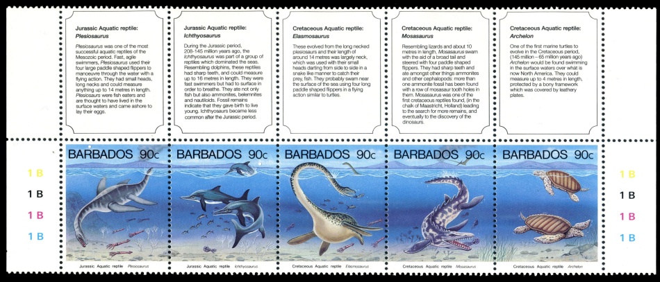 Gutter pairs of Prehistoric Aquatic Reptiles stamps of Barbados 1993