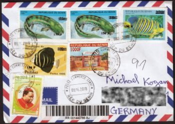 Overprinted stamp of Dunkleosteus on register letter from Benin to Germany