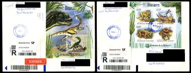 Dinosaur stamps of Burundi 2012 on registered letter to Germany