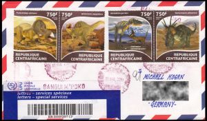 Register letter from the Central African Republic, with dinosaur stamps from 2015, sent to Germany