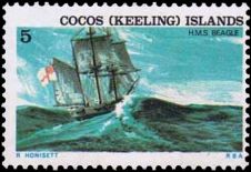 HMS Beagle on stamp of Cocos islands 1976