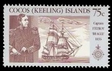 Fitz Roy captain of HMS Beagle on stamp of Cocos islands 1990