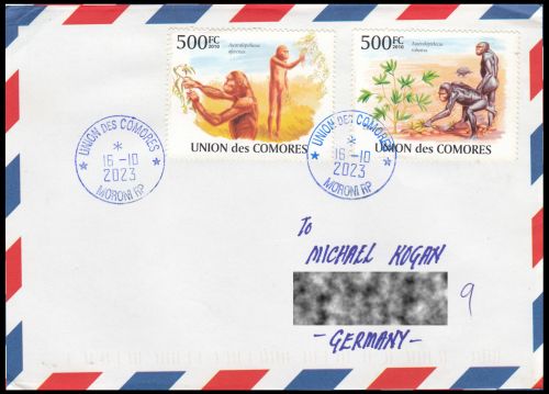 Regular letter from the Union of the Comoros, with stamps of prehistoric humans from 2010, sent to Germany in 2023