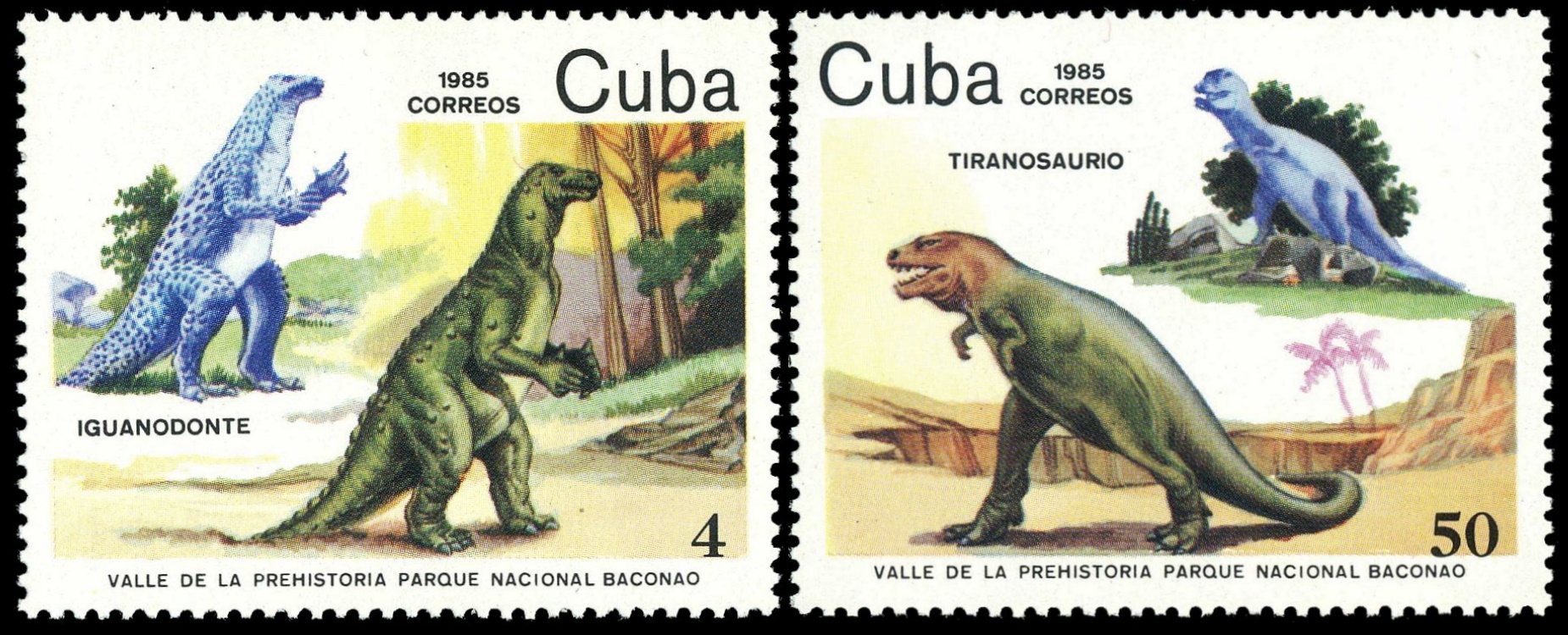 Iguanodon and Tyrannosaurus dinosaurs on stamps of Cuba 1985