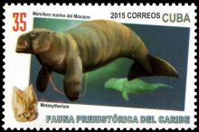 Some extra lines (red/pink color) on stamp from "Prehistoric Fauna of Caribbean" set, issued in 2015