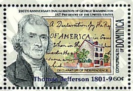 Thomas Jefferson among other American presidents on stamp of Dominica 1989