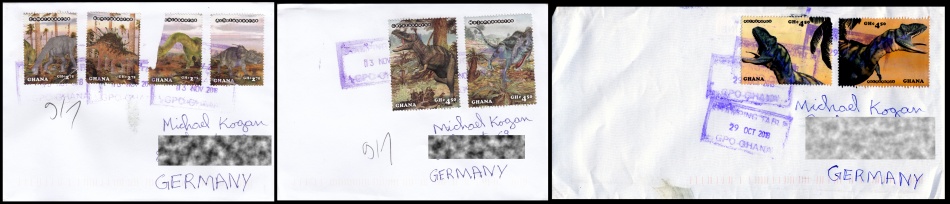 Dinosaur stamps of Ghana 2014 on circulated covers to Germany, posted in 2018
