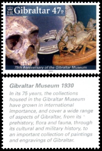Skull of Neanderthal on stamp of Gibraltar 2005
