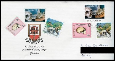 personalized cover with three Neanderthal stamps of Gibraltar