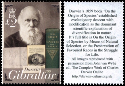 Charles Darwin on stamp of Gibraltar 2009