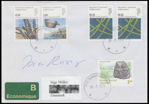 Regular letter from Greenland, with stamp of prehistoric plant from 2009, sent to Denmark in 2010