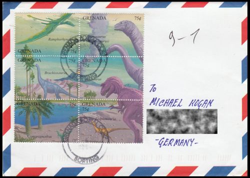 Regular letter from Grenada, with stamps of prehistoric animals from 1994, sent to Germany