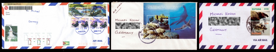 old stamps of prehistoric animals on circulated letters to Germany