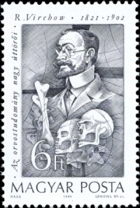 Anthropologist Rudolf Virchow among other medicine Pioneers on stamp of Hungary 1989