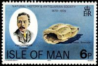 Philip Moore Callow Kermode and fossil gastropod Nassa kermodei on stamp of Isle of Map 1979
