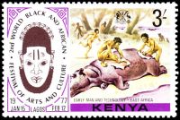 Stone age primitive men butchering a Hippopotamus on stamps of Kenya 1977