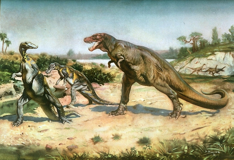 Trachodon and Tyrannosaurus, painted by Zdeněk Burian