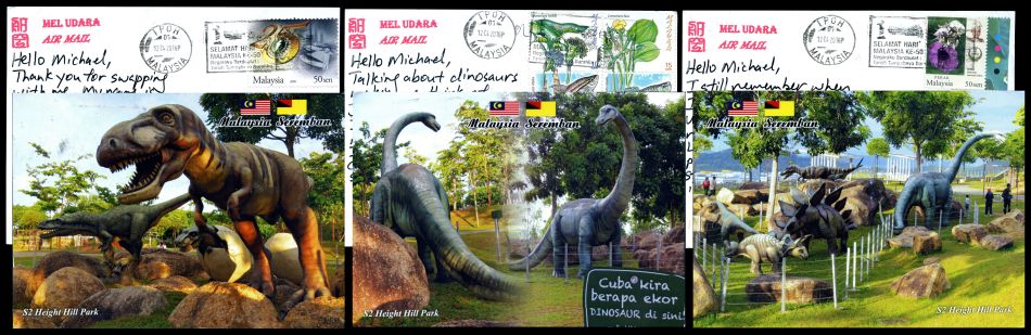 Life size Dinosaur models in S2 Height Hill Park on circulated postcards of Malaysia