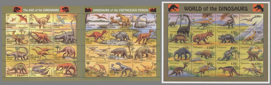 Similar stamps of dinosaurs and other prehistoric animals issued by Maldives and Tanzania in 1994