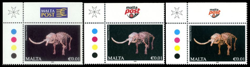 Original and reprinted definitive stamps of Malta depicted Fossilized skeleton of dwarf elephant Elephas falconeri