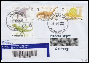 Register letter from Montserrat, with dinosaur stamps from 1992, sent to Germany
