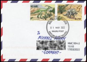 Regular letter from Nauru, with dinosaur stamps from 2006, sent to Germany