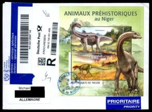 Register letter from Niger, with dinosaur stamps from 2013, sent to Germany