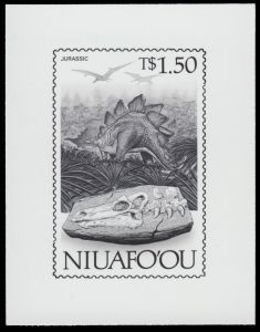 Monochrome proof of Stegosaurus stamp of Niuafo’ou 1989
