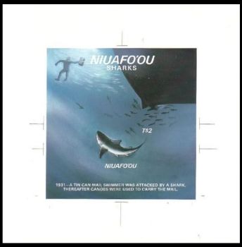 Shark attack Tin Can Mail swimmer on Cromalin proof of Niuafo’ou 1987