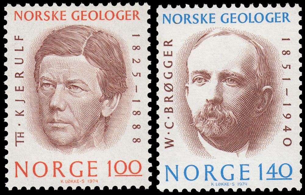 Theodor Kjerulf and Waldemar Christofer Brøgger on stamps of Norway 1974