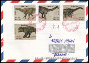 Regular letter from Palau, with dinosaur stamps from 2014, sent to Germany